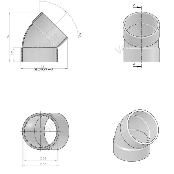 Short bow - 45° - cuff/cuff - white - Central Vac